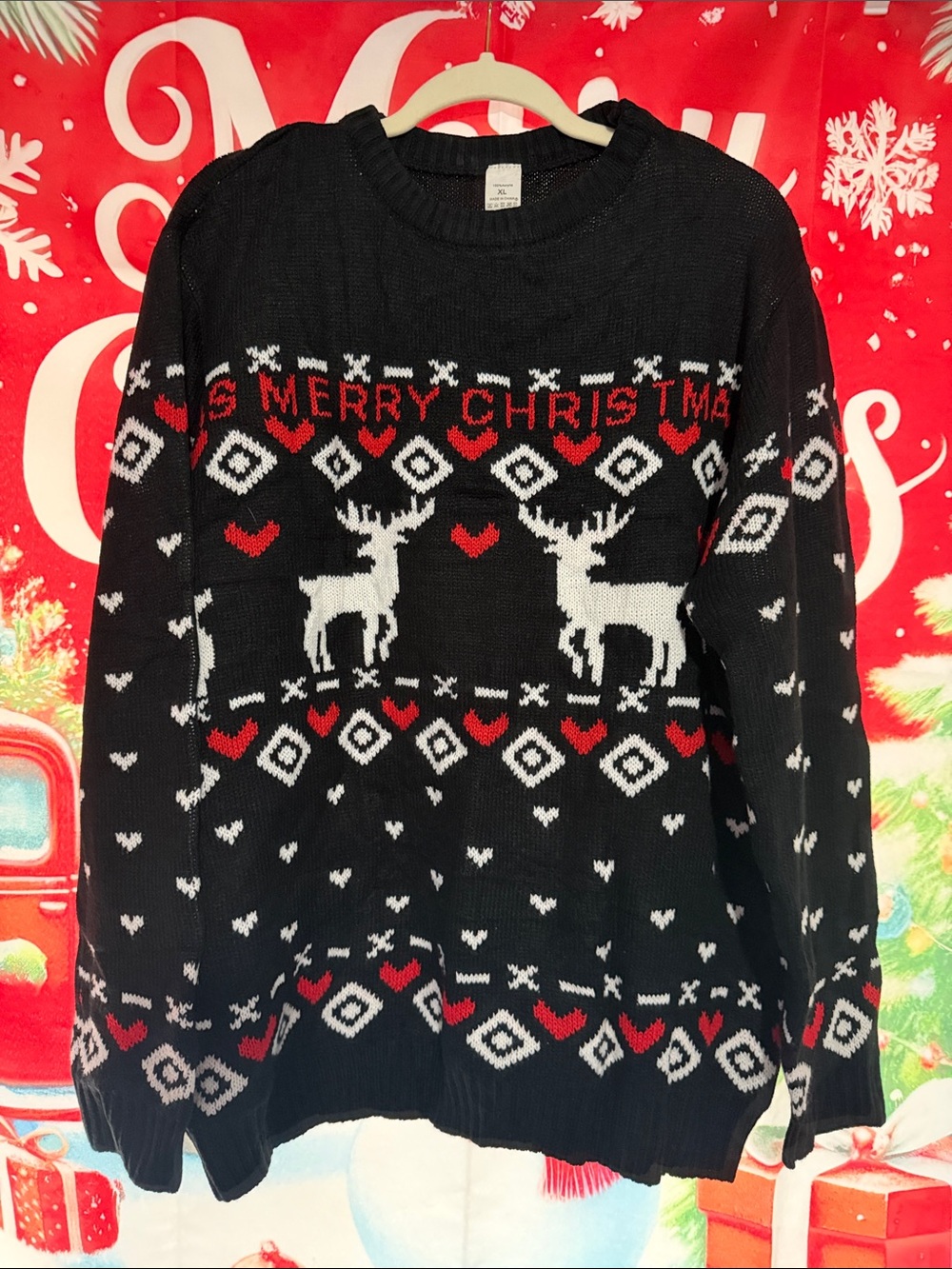 Men's Merry Christmas Reindeer Crewneck Sweater - Black/White/Red